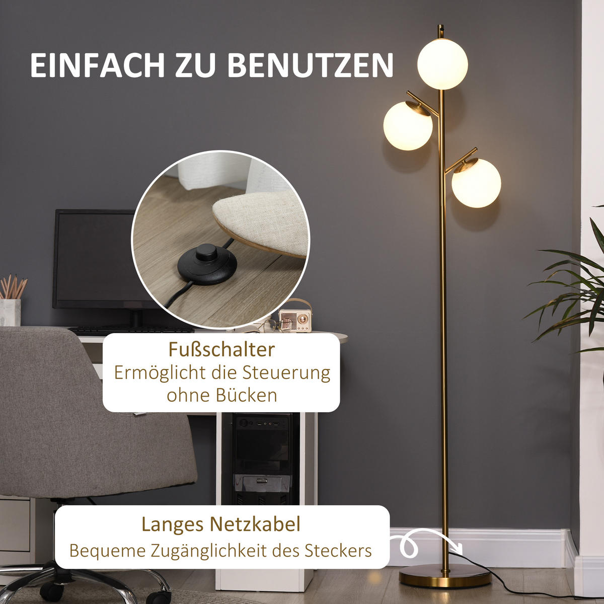 STEHLEUCHTE, Stehlampe, Metall, Gold - Goldfarben, Metall (27/27/169cm) - HOMCOM