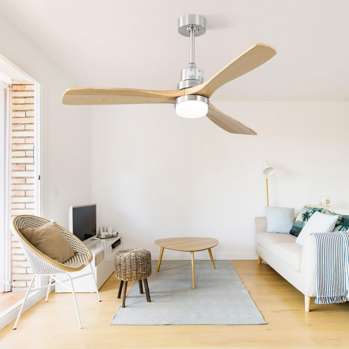 DECKENVENTILATOR DE-16292 52 Zoll dimmbar mit 3 Holzflügeln - Naturfarben, Holz/Metall (132/132/52cm) - ComfortXL