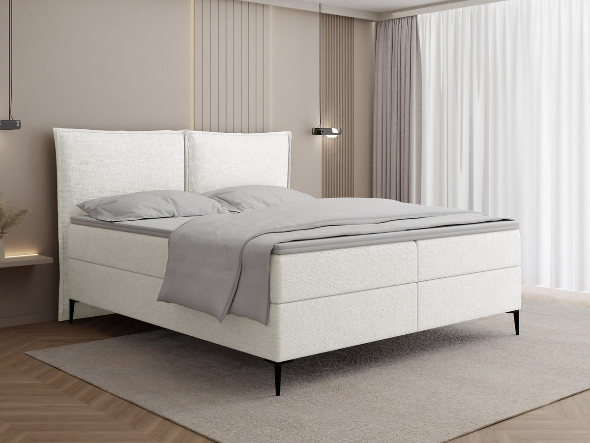 BOXBETT Calio Rise mit Bettkasten, Weiß Chenille 120x200 cm – inkl. H4 Taschenfederkern Matratze & Foam Topper - Schwarz/Weiß, Holz/Holzwerkstoff (120/200cm) - WFL GROUP