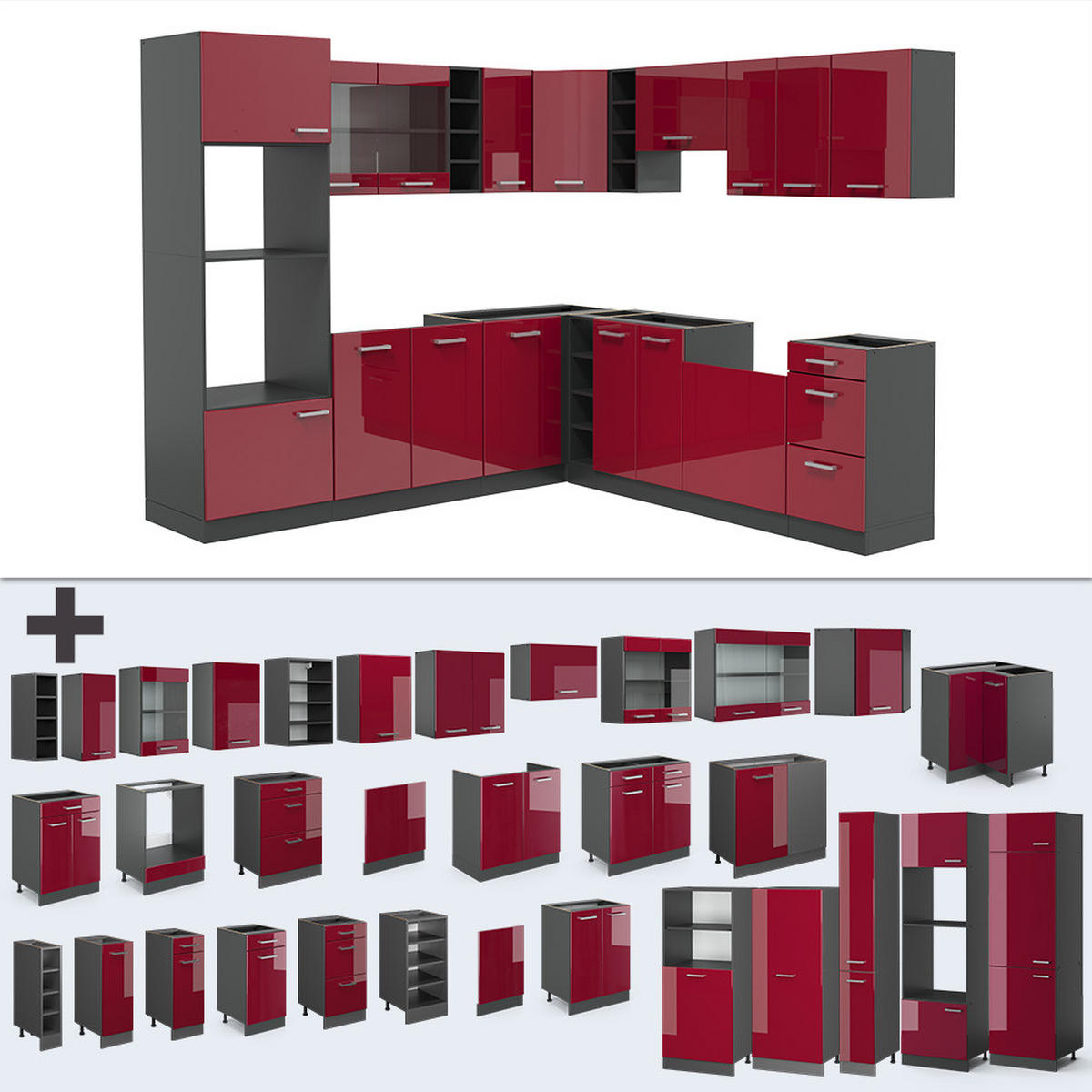 ECKKÜCHE R-Line Rot Hochglanz/Anthrazit 247 x 46 cm ohne Arbeitsplatte - Anthrazit/Rot, Holzwerkstoff (247/81.6/46cm) - Vicco