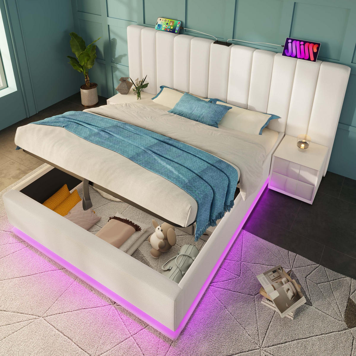 BETT mit Stauraum 160x200 cm PU Weiß mit LED und USB-C - Weiß, Metall (160/200cm) - Meubliv