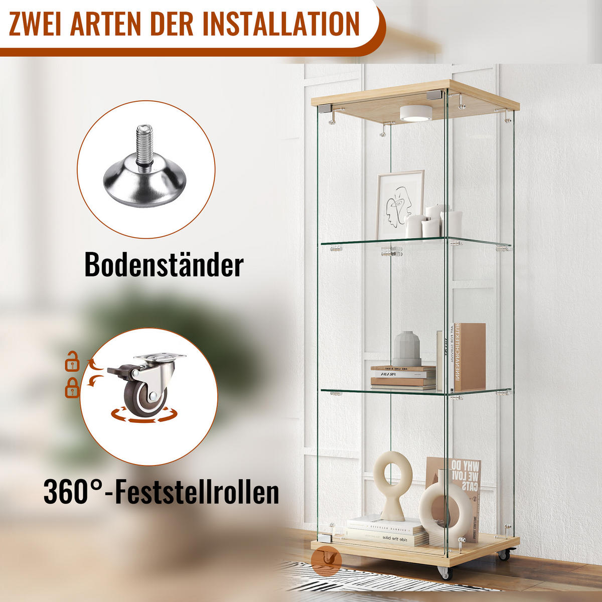 VITRINE Vitrinenschrank mit Hartglas & LED-Beleuchtung, Einheitsgröße / Glas + MDF - Transparent/Naturfarben, Glas/Holzwerkstoff (42.5/120/36.5cm) - EVRYAE