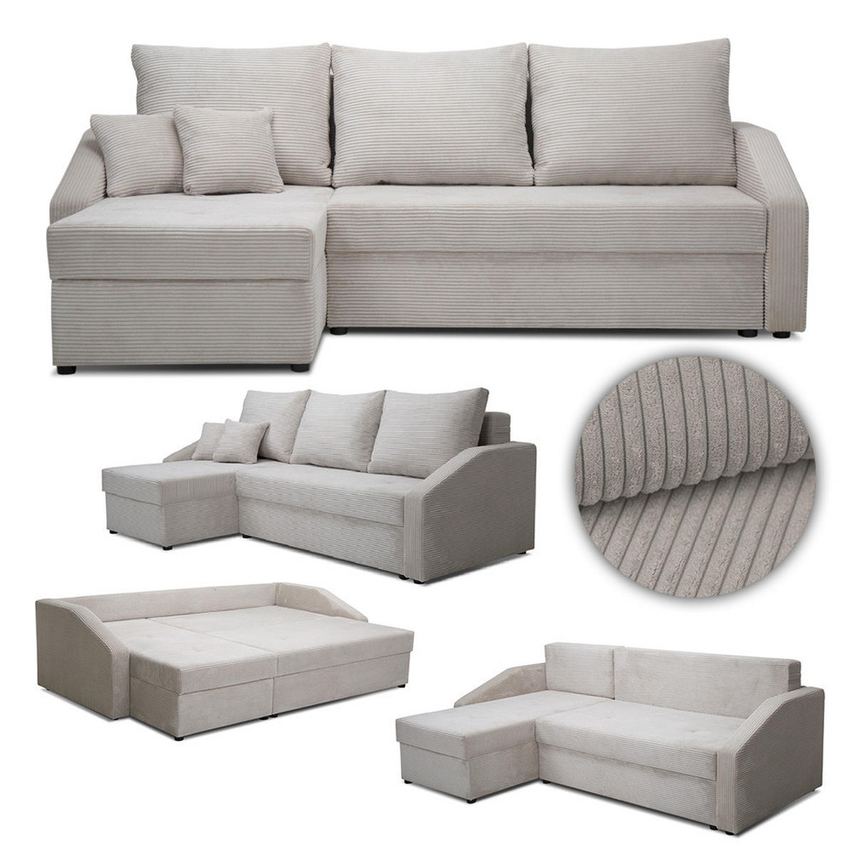 SOFA L FORM Ecksofa Beige 224 x 144 cm inkl. Stauraum - Beige, Holz (224/144cm) - VitaliSpa