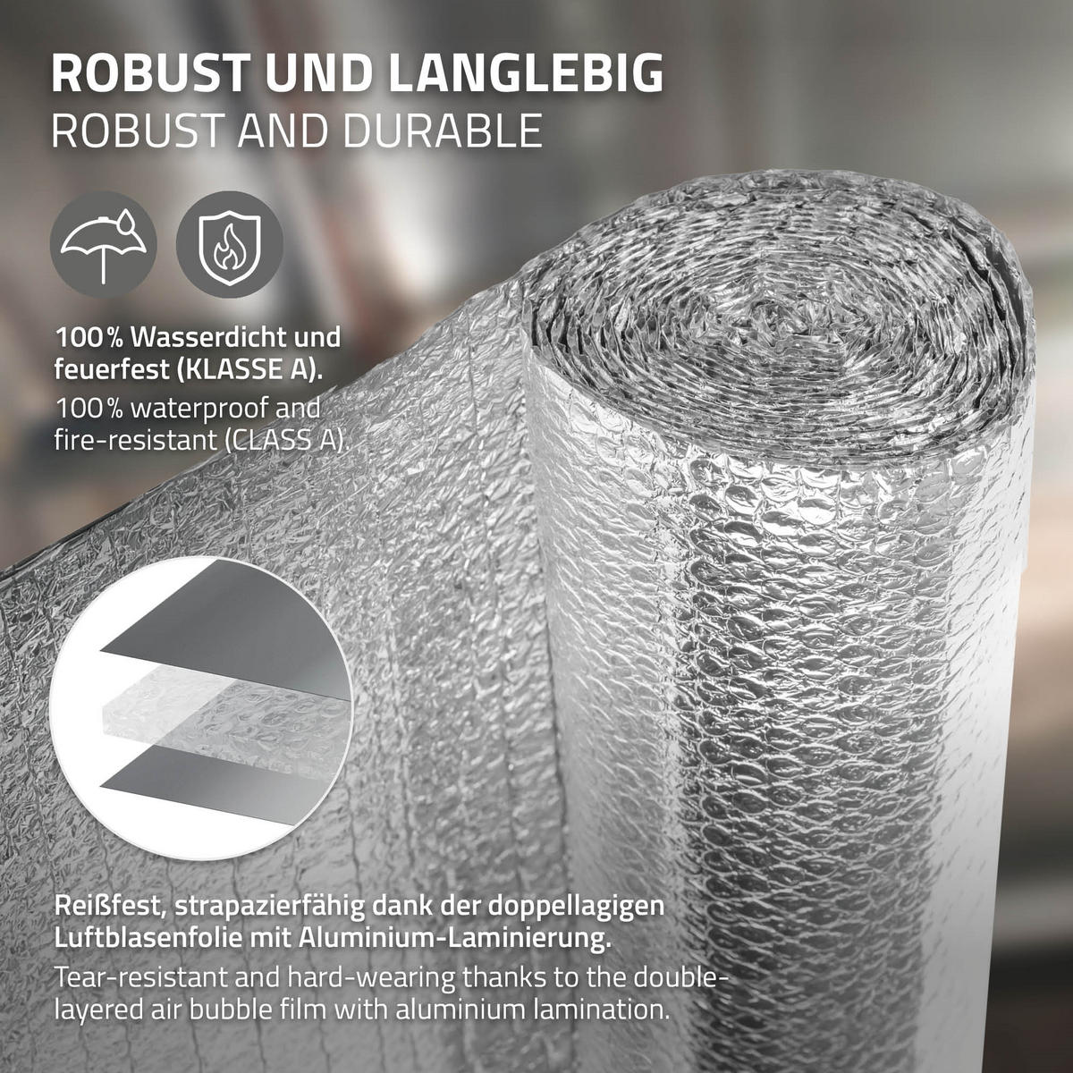 ISOLIERFOLIE 1 x 20 m für Wärmedämmung und Kälteschutz Doppelseitige Alu-Dämmfolie 6mm Dicke - Silberfarben, Kunststoff/Metall (100/0.6/2000cm) - ECD-Germany