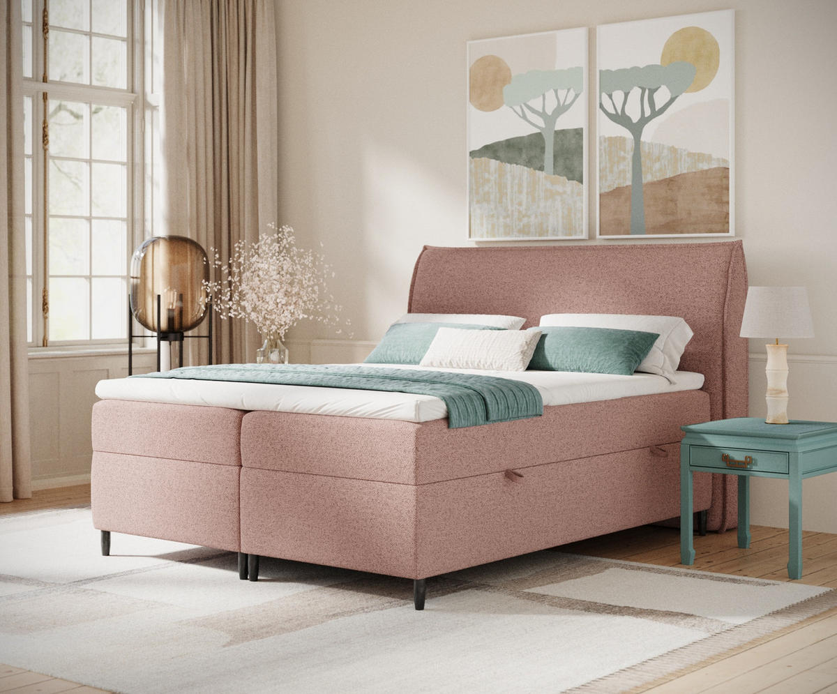BOXBETT 180/200 cm Corvus, in Rosa, Matratze, Topper, Bettkasten, H4 = sehr fest - Pink/Schwarz, Holz/Holzwerkstoff (180/200cm) - Maison de Reve
