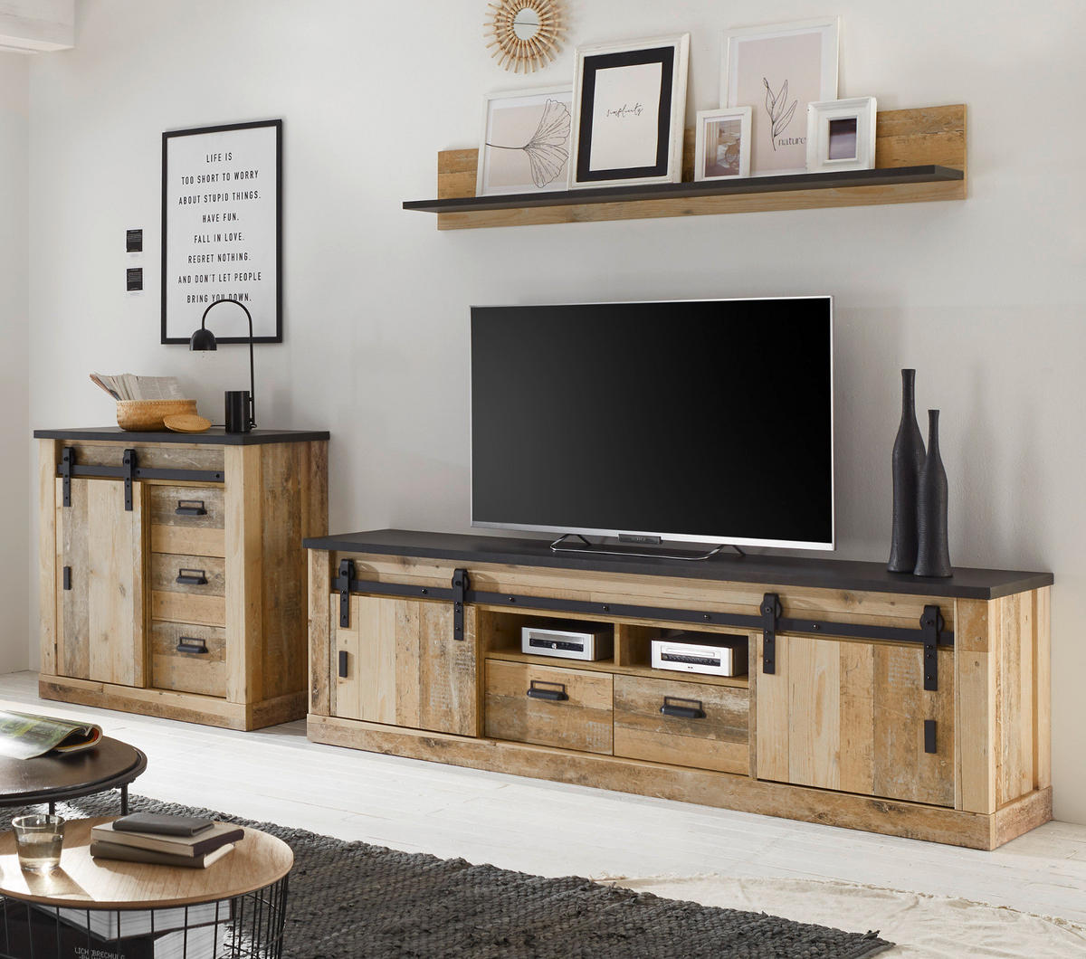 WOHNWAND Used Wood hell, anthrazit 3-teilig 314 cm, Schrankwand mit Soft-Close - Anthrazit/Schwarz, Holzwerkstoff/Metall (314/180/43cm) - Furn.Design
