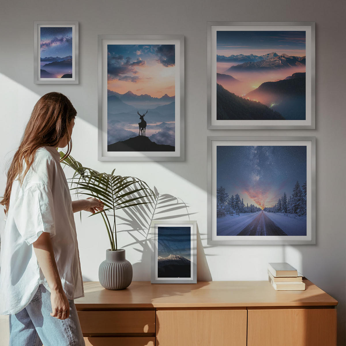 BILDER SET 5er Set - 50x50 cm & 20x30 cm & 40x60 cm Silberner Rahmen - Nachthimmel Berge Nebel Hirsch - Silberfarben, Kunststoff (40/60cm) - TULUP