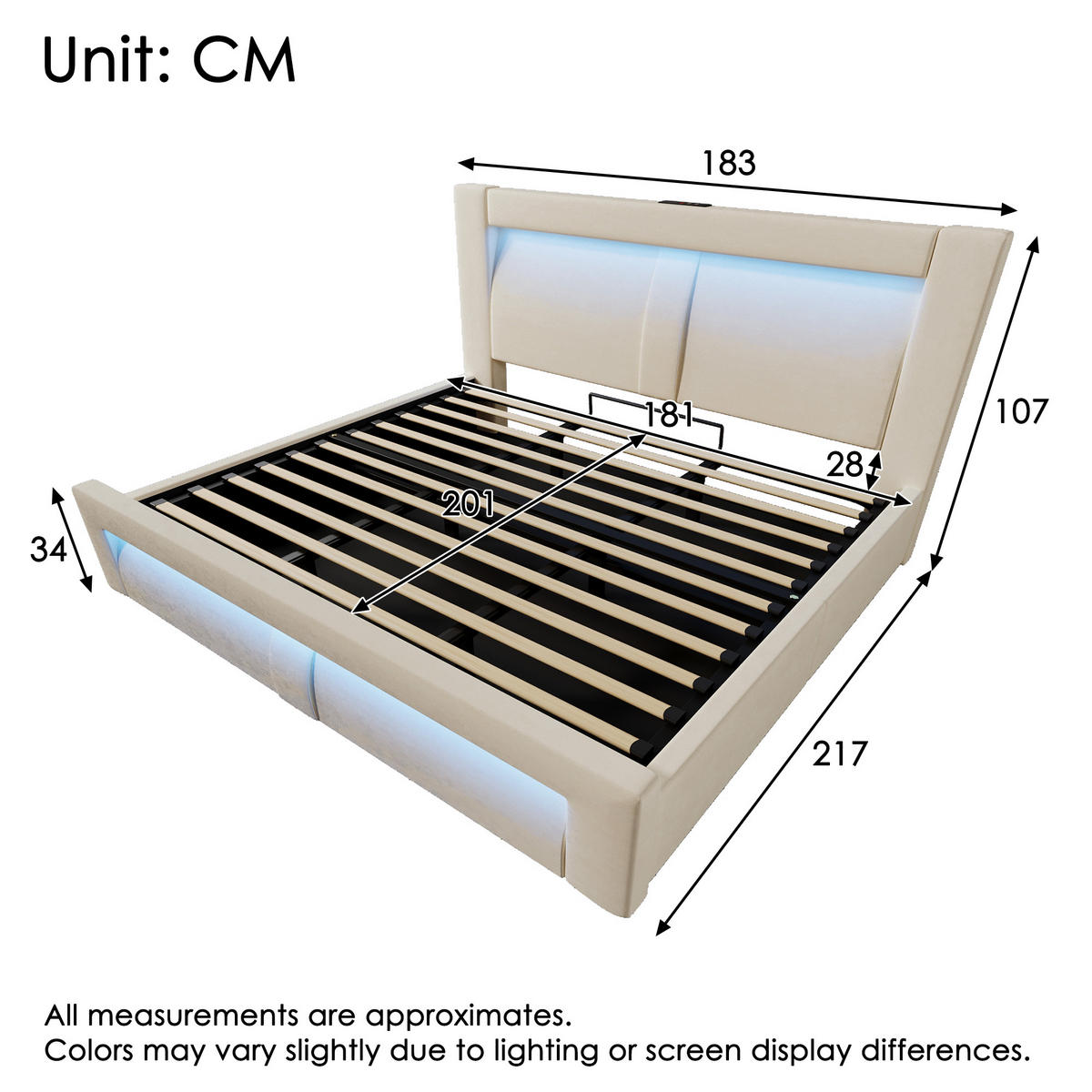 POLSTERBETT 180/200 cm Beige aus Samt mit Stauraum und LED - Beige, Textil (180/200cm) - OKWISH