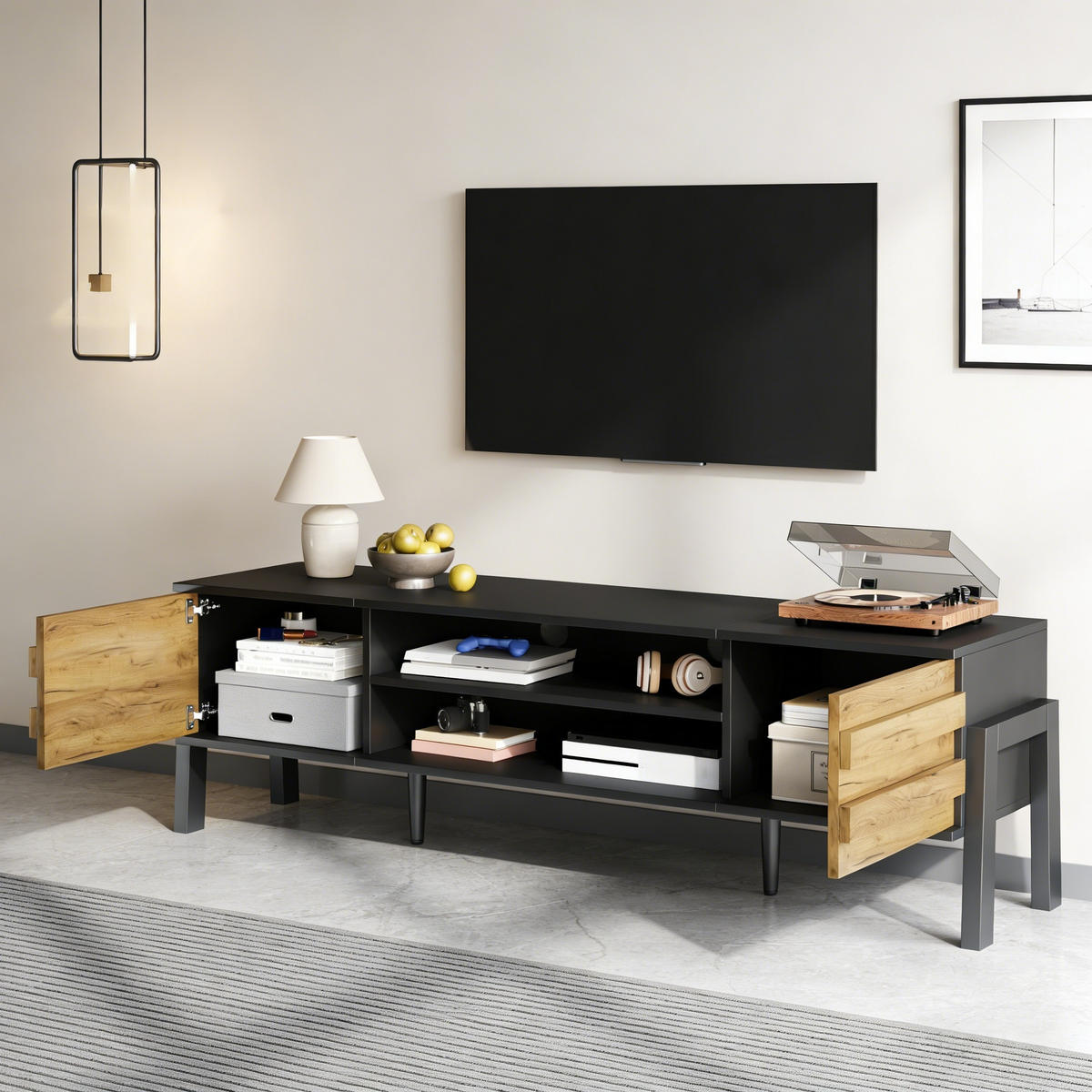 TV-LOWBOARD holzwerkstoff schwarz & holz-optik für tvs bis 70 zoll - Schwarz, Holzwerkstoff (175/53/39.5cm) - Urban Meuble