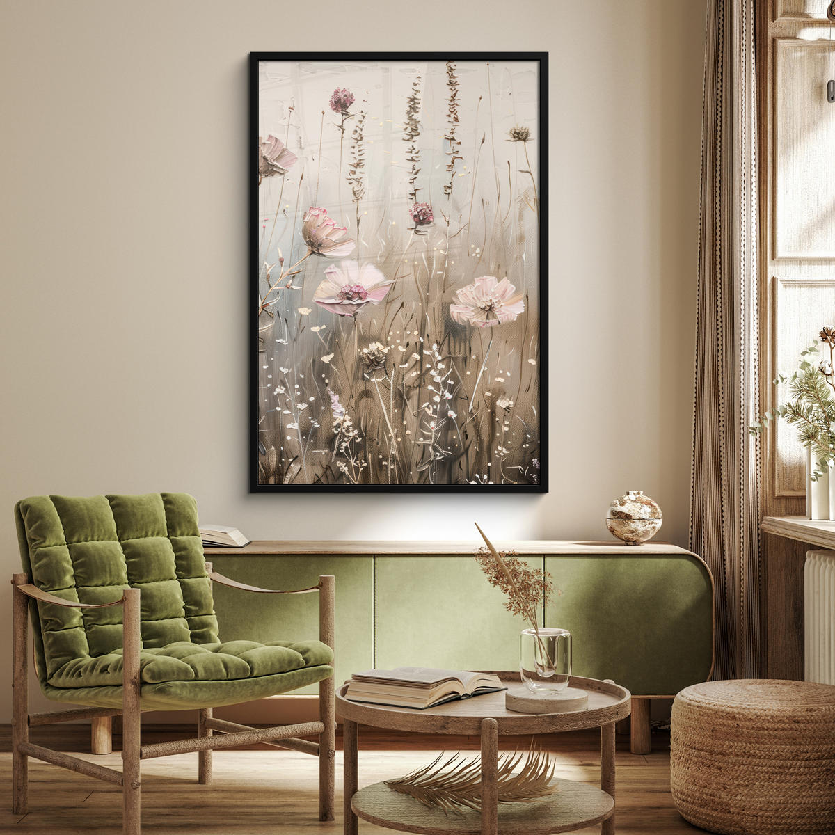 GERAHMTES BILD Blumen - Rosa - Modern - Beige 80x120 cm - Beige, Papier (80/120cm) - MuchoWow