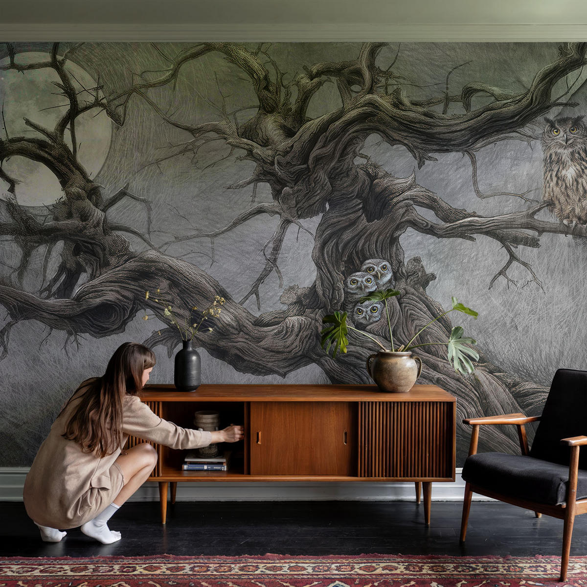 FOTOTAPETE 104x70 cm - Geheimnisvolle Eule - Grau, Textil (104/70cm) - Wallfluent