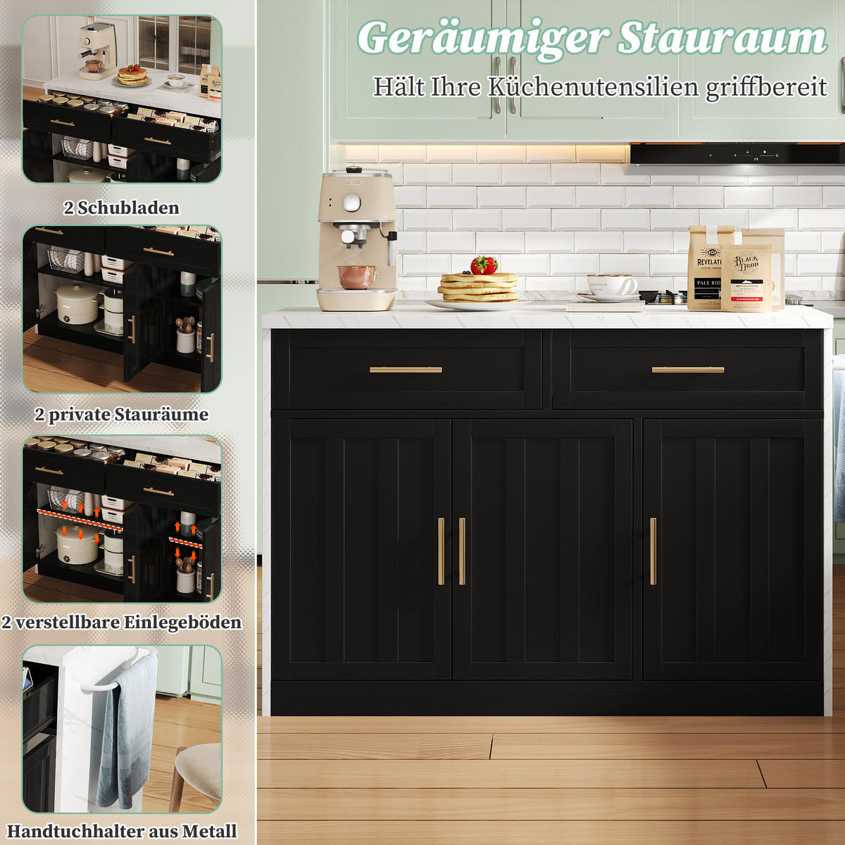 KÜCHENINSEL 120x60x91 cm mit Steckdosen, USB und Barbereich - Schwarz, Holzwerkstoff (120/91/60cm)