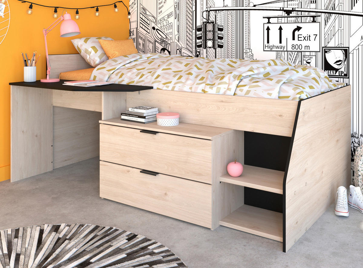 HOCHBETT Jugendzimmer Bett 90 x 200 cm 2x Schubkasten, Stauraum - Eichefarben/Schwarz, Holz/Holzwerkstoff (90/200cm) - Parisot Meuble