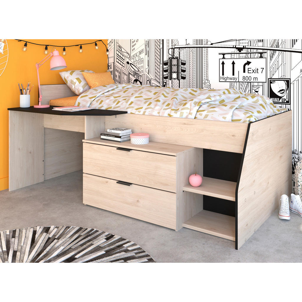 Thumbnail - Parisot Meuble Hochbett, Eiche, Holzwerkstoff, Nachbildung,Eiche, 2 Schubladen, Rechteckig, 90x200 cm, Kinder- & Jugendz...