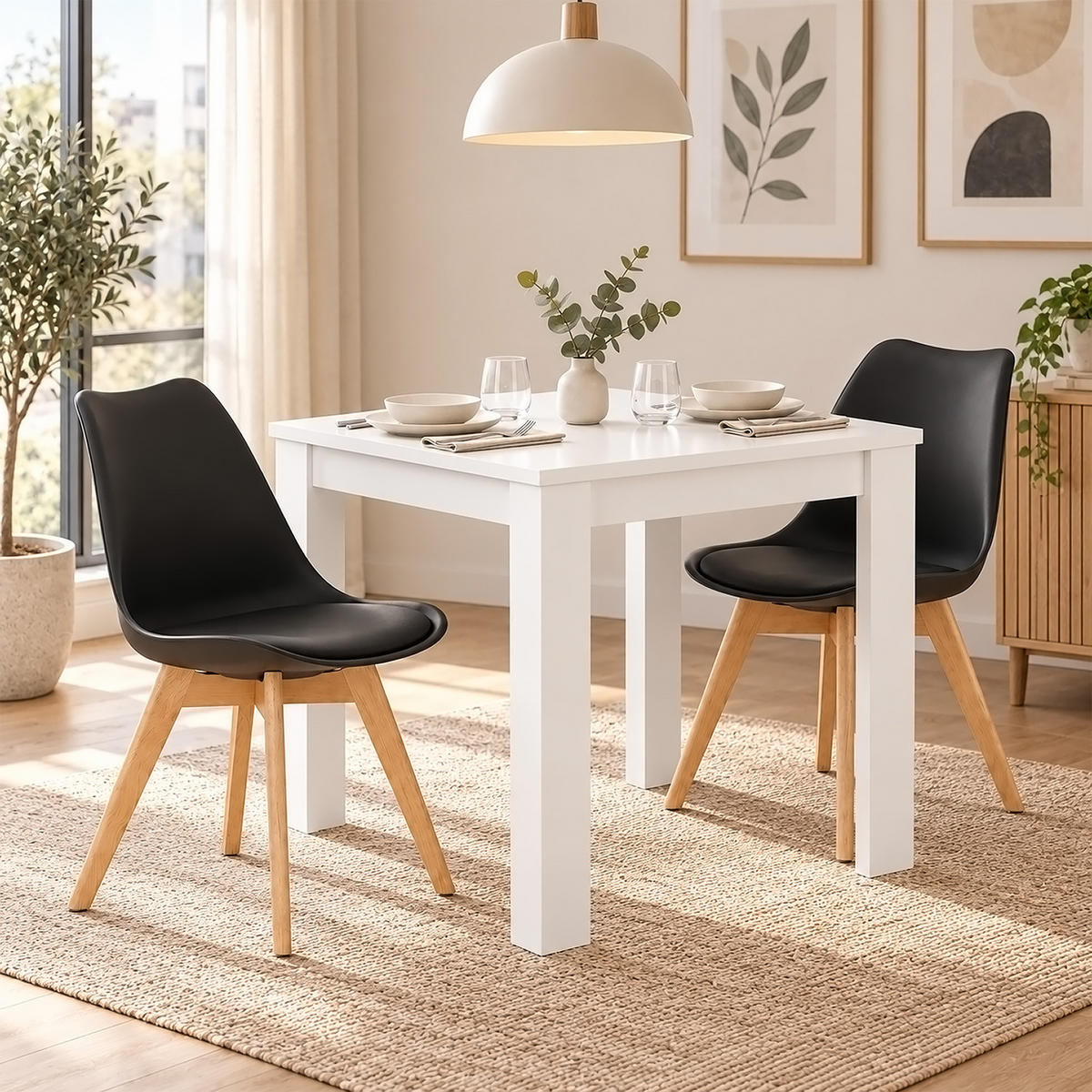 TISCHGRUPPE 80/80 cm Weiß mit 2 Stühlen schwarz - Beige/Schwarz, Holz/Kunststoff (80/80/80cm) - Homestyle4u