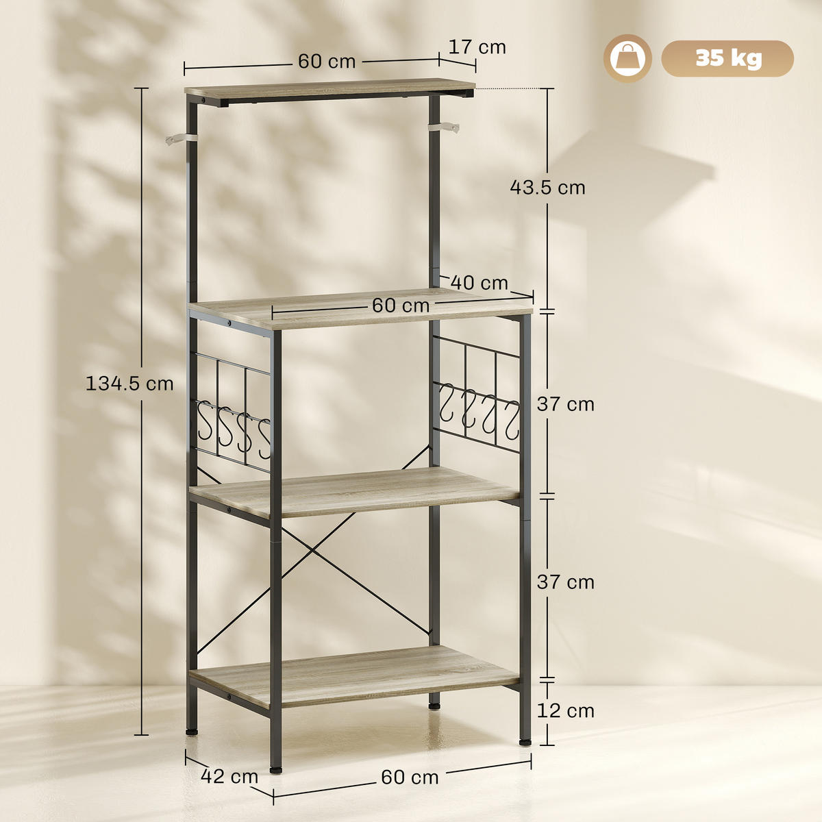 KÜCHENREGAL Eichefarben 1 Stück - Eichefarben, Holzwerkstoff (42/134.5/60cm) - GiPP