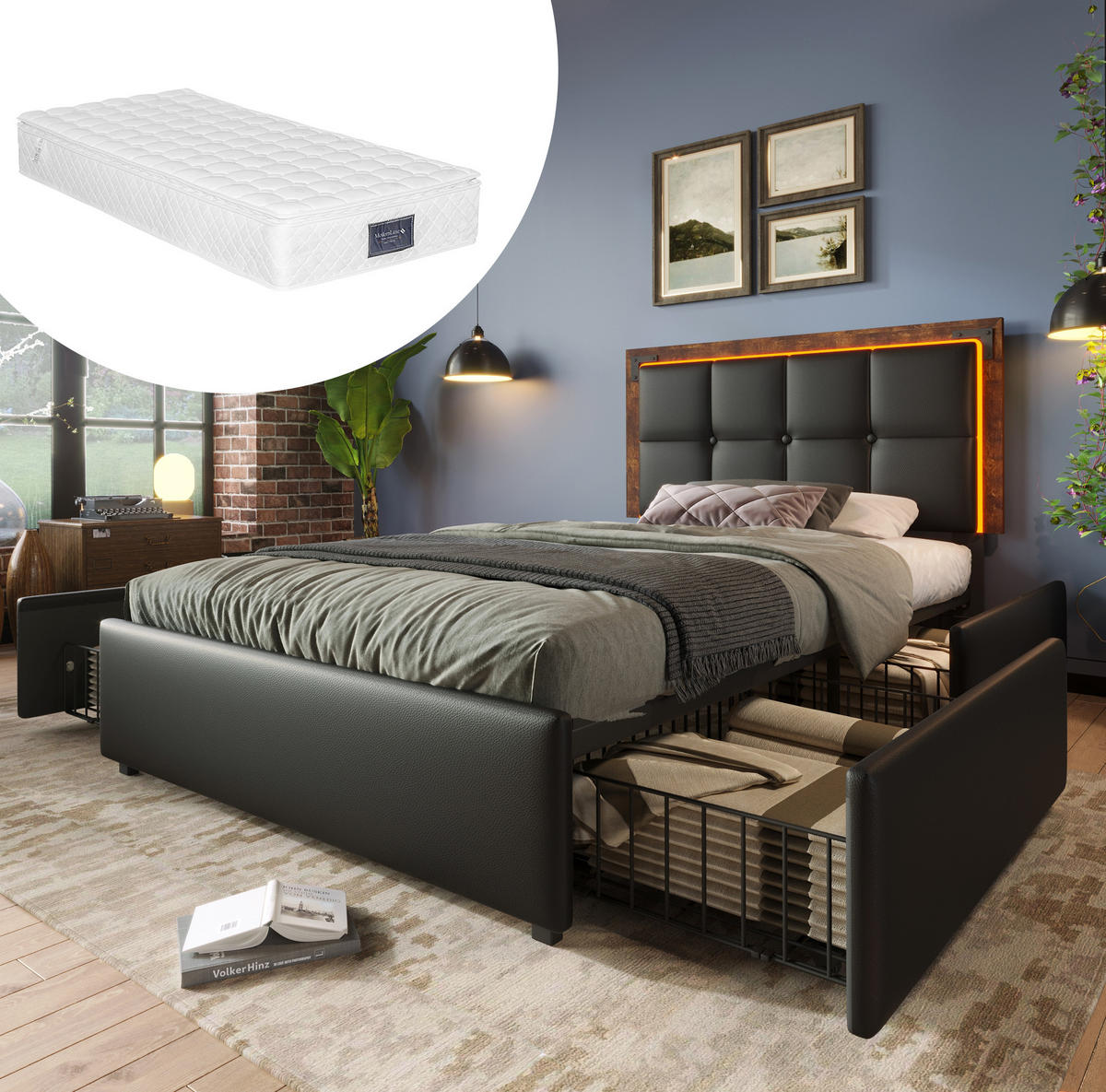 POLSTERBETT 90/200 cm Schwarz aus PU mit LED-Beleuchtung und 4 Schubladen - Schwarz, Kunststoff (90/200cm) - OKMYHOME