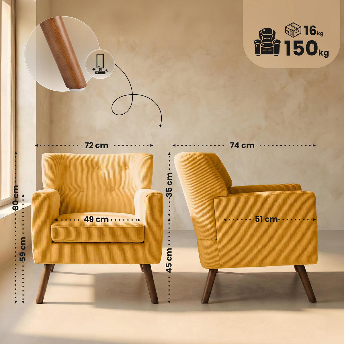 SESSEL Cord Orange - Braun/Orange, Holz/Textil (72/80/74cm) - CLP