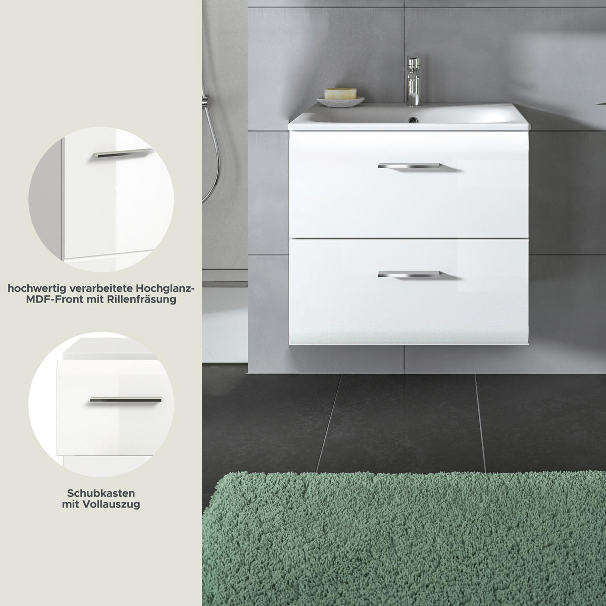 WASCHTISCH inkl. Waschbecken ICE (B/H/T: ca. 60/55/46 cm) in Weiß/weiß hochglanz - Weiß, Holzwerkstoff (60/55/46cm)