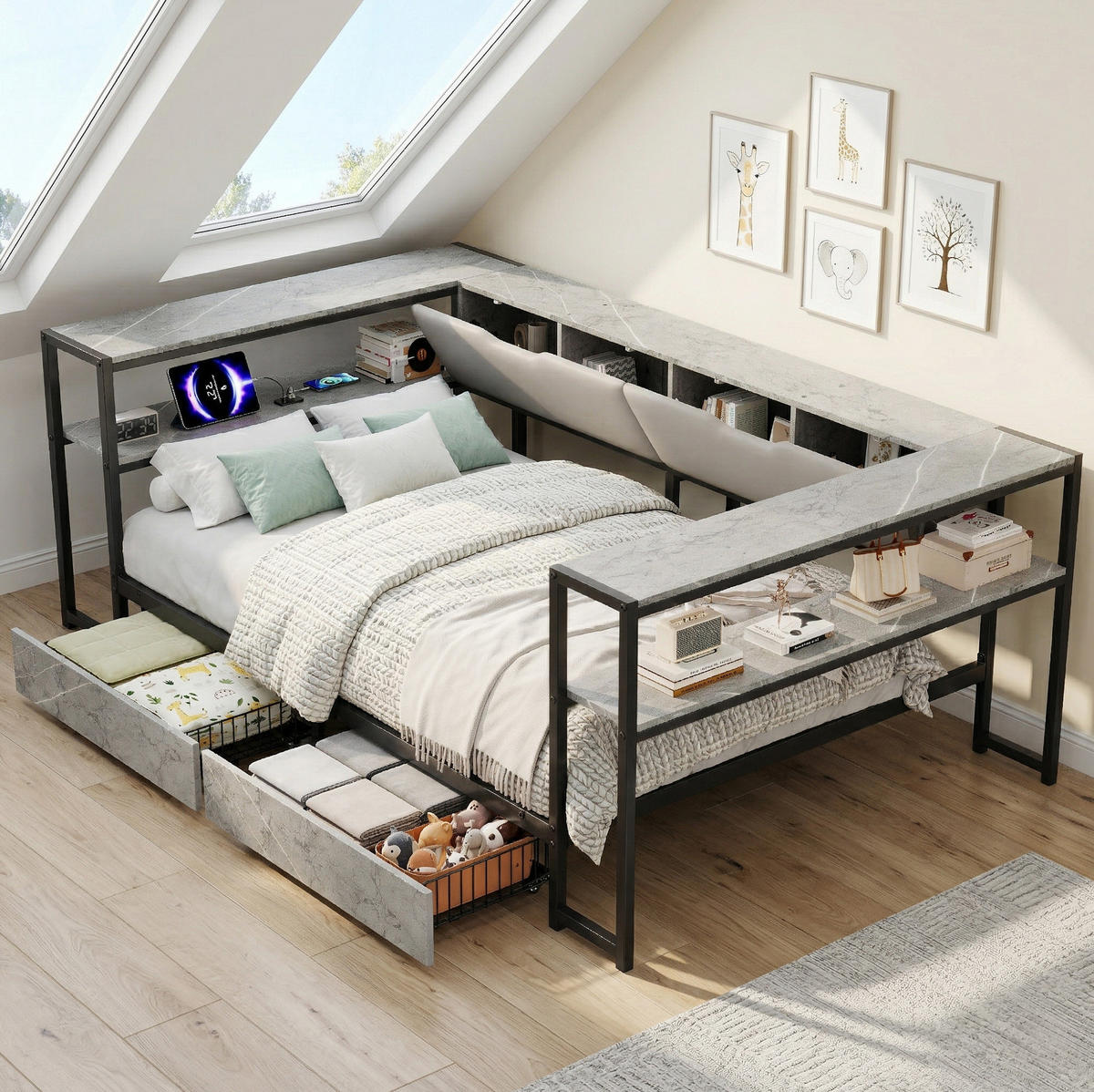 POLSTERBETT 90/200 cm mit USB- und Type-C-Anschluss, 2 Schubladen, 6 Staufächern und Lattenrost, Grau - Grau, Holzwerkstoff (90/200cm) - Redom