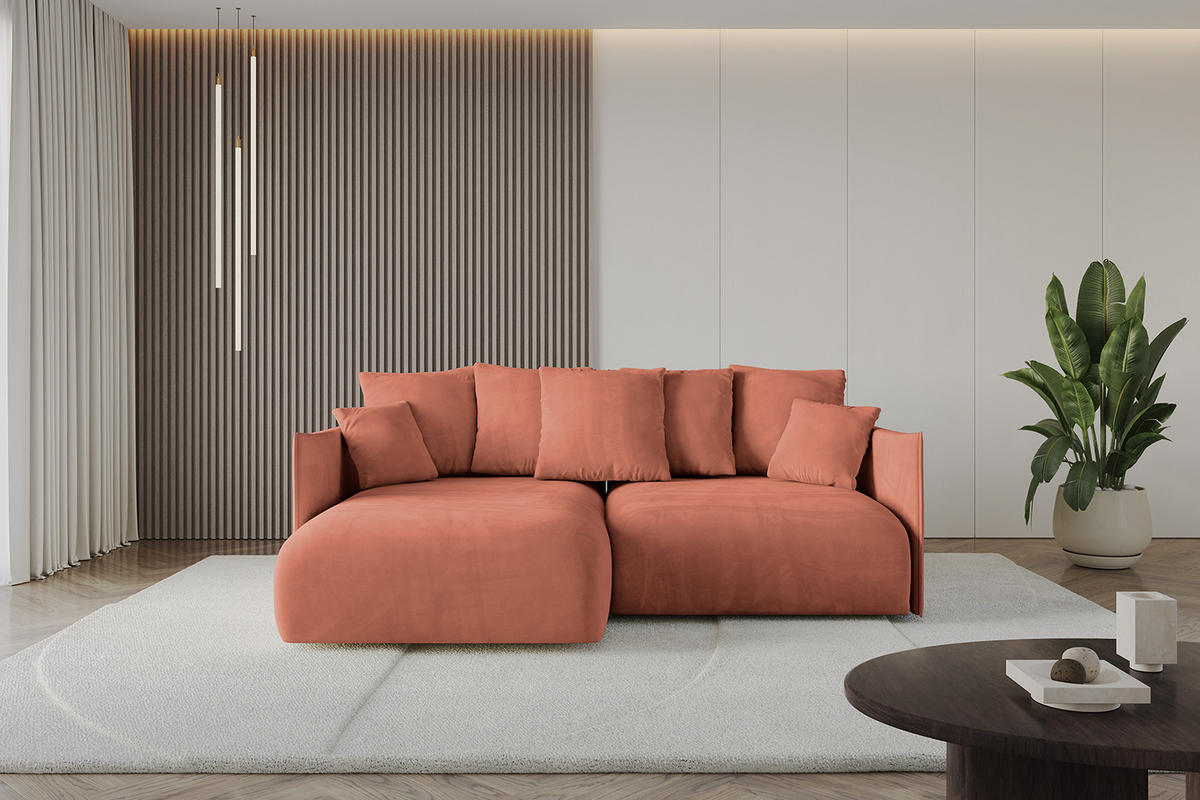 ECKSOFA mit Schlaffunktion und Bettkasten ONESK-L 208x165x40 Apricot Velours - Koralle, Holzwerkstoff/Kunststoff (208/165cm) - ALTDECOR
