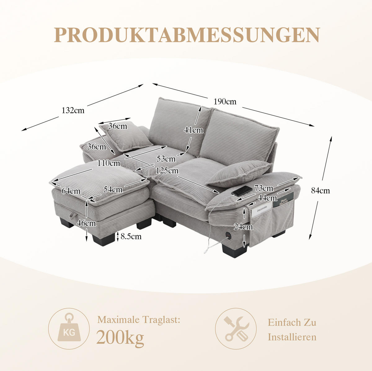 SOFA 2-Sitzer mit Hocker 190 x 132 x 84 cm Corduroy Light Gray - Hellgrau, Kunststoff (132/190.1cm) - Meubliv