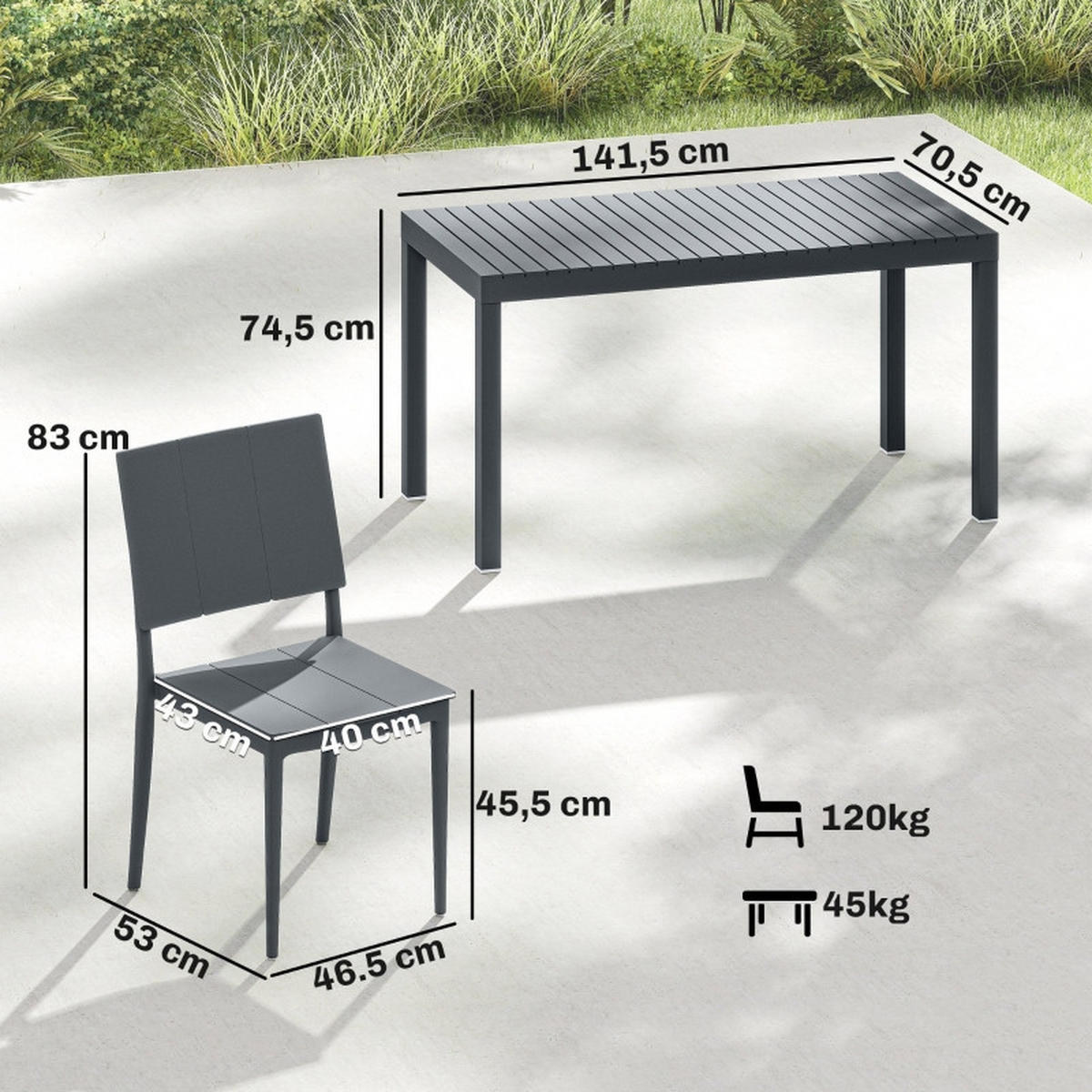 GARTENMÖBEL,BREITER Tisch+4 Stapelstühle,dunkelgrau - Grau, Metall - Vallsero