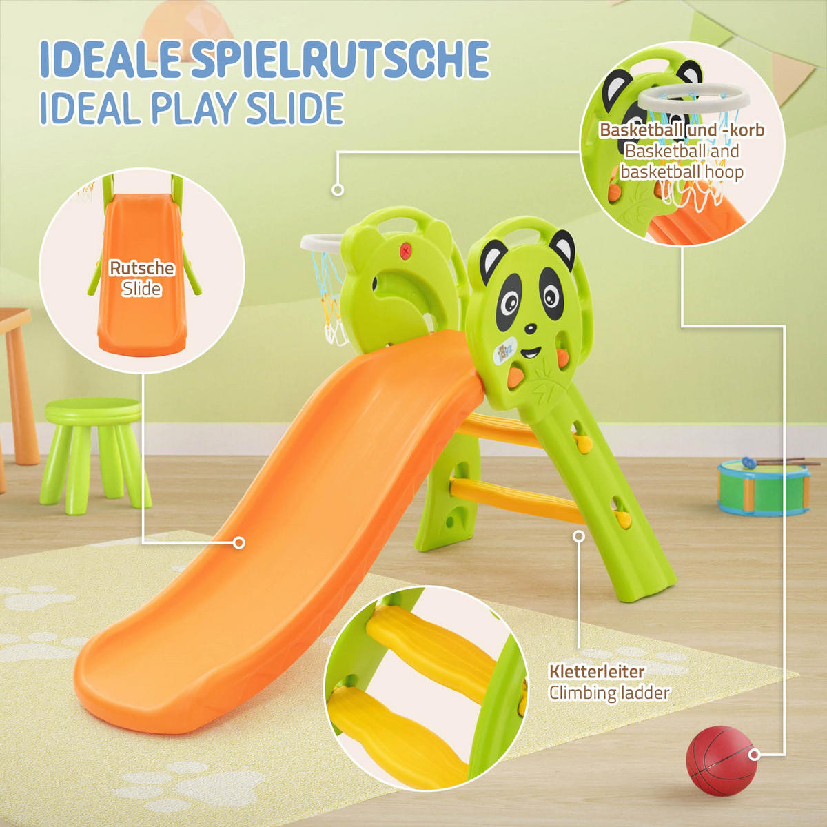 KINDERRUTSCHE 2 in 1 Kleinkinderrutsche mit Basketballkorb Grün-Orange - Orange, Kunststoff (114/87/68cm) - Joyz