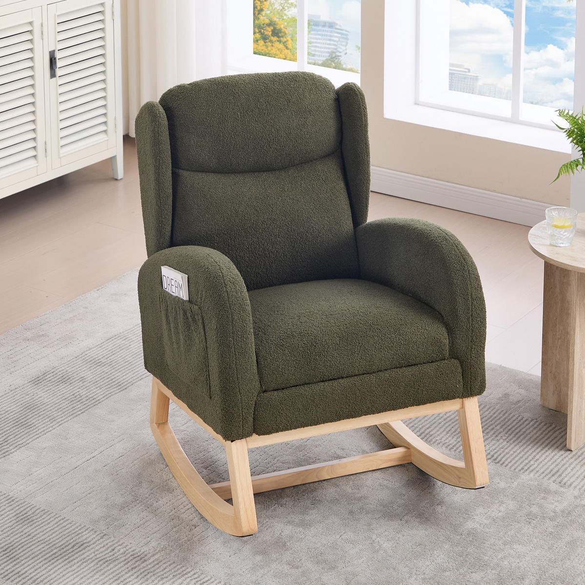 SCHAUKELSTUHL Teddy-Stoff mit Fußstütze und Taschen 122.5/70/104 cm Grün - Grün, Textil (70/104/122.5cm) - Redom