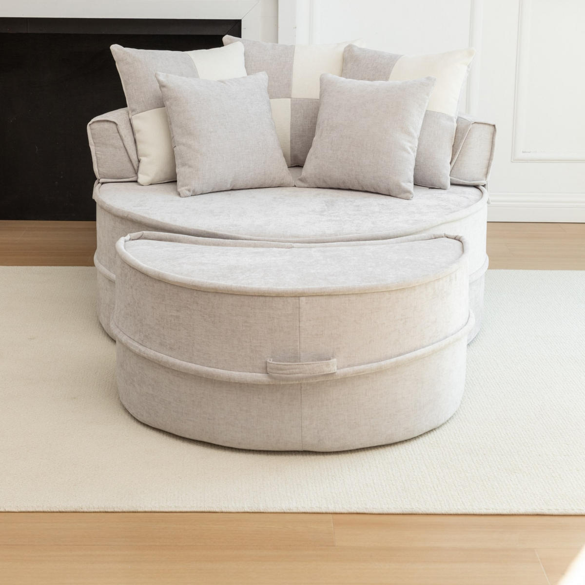 SESSEL rund mit Ottomane 121 x 107 cm Chenille Grey - Grau, Kunststoff (121/66/163cm) - Meubliv