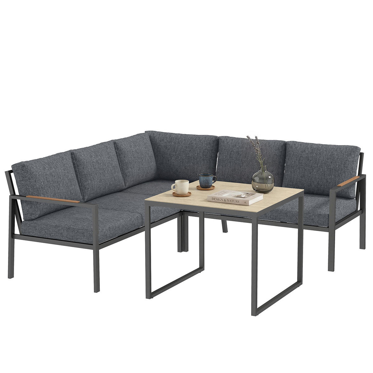 LOUNGEGARNITUR DE-13536 5-sitzig mit 2 Sofas & Tisch Dunkelgrau - Dunkelgrau, Metall - ComfortXL