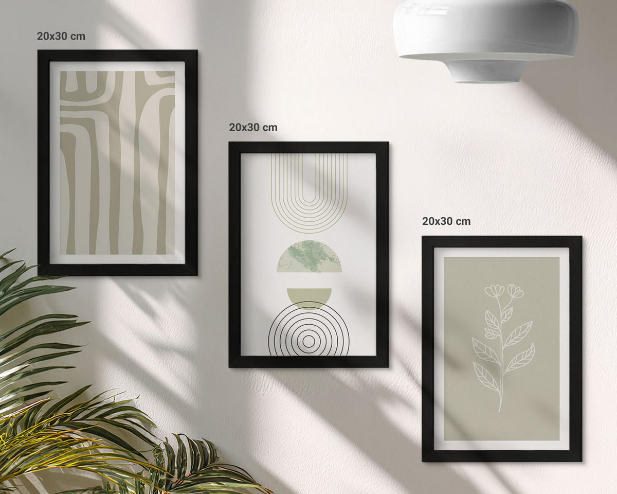WANDBILDER 3er-Set - 20x30 cm Schwarzer Rahmen - Geometrische Pflanzenmuster - Schwarz, Kunststoff (20/30cm) - ArtPrintCave