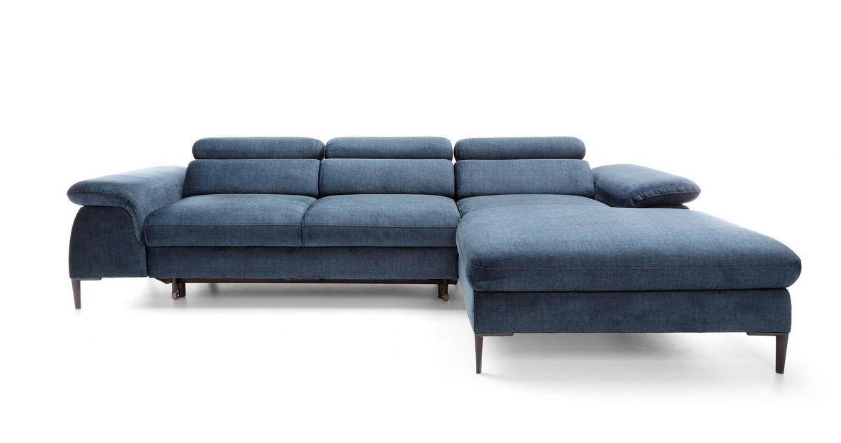 ECKSOFA MESTO Blau Velours-Stoff mit Schlaffunktion - Blau, Holz (288/182cm) - MASSENO