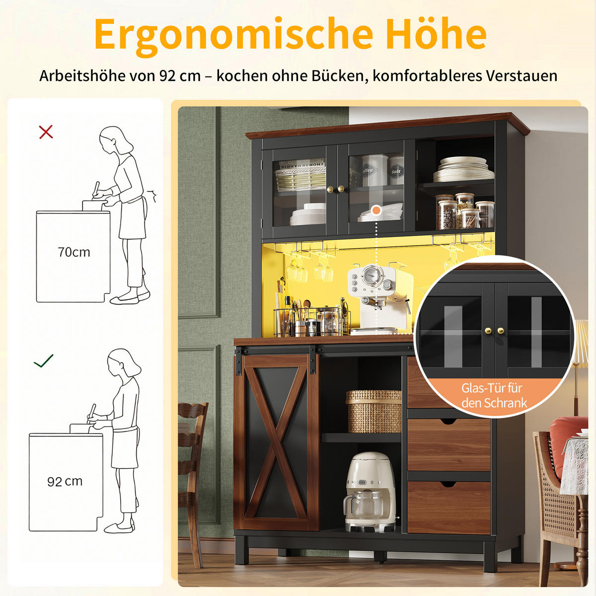 HOCHSCHRANK LED App Schiebetür 3 Schubladen Schwarz - Schwarz, Metall (104/180/40cm) - FLIEKS