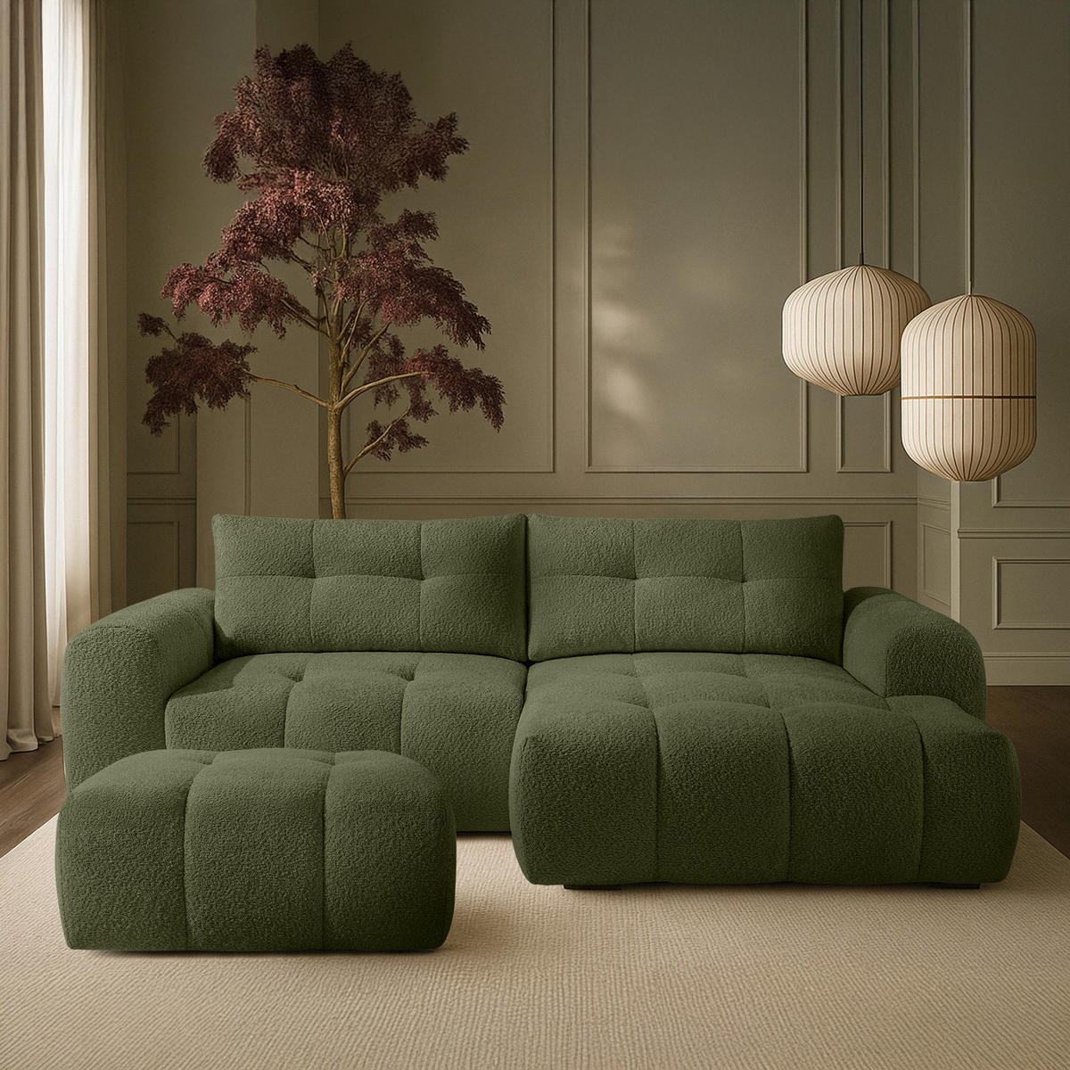 POUF RAVIA, Bouclé, Olivgrün - Olivgrün, Holz/Textil (96/45/50cm) - KONSIMO®