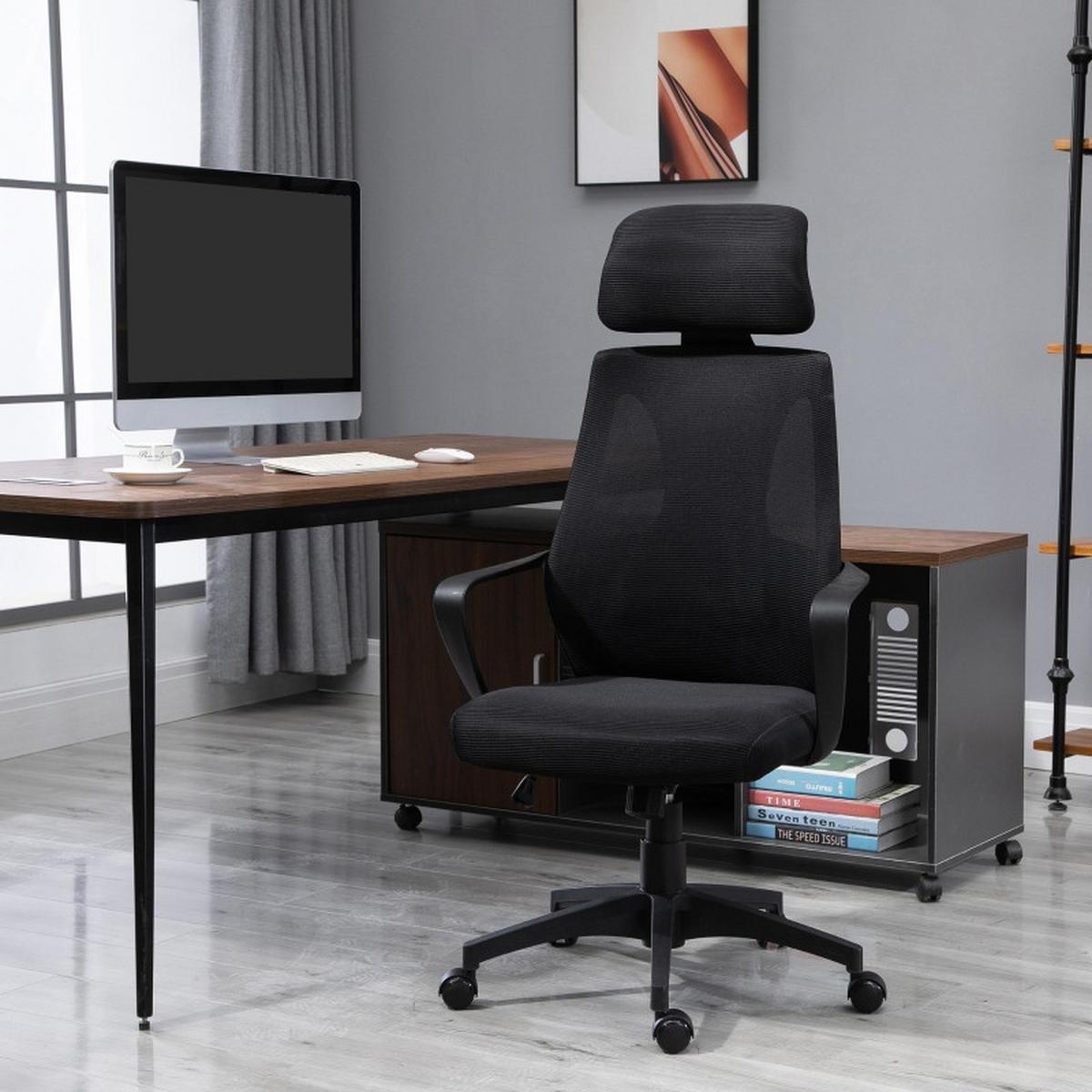 DREHSTÜHLE Netzstoff Wippfunktion Kopfstütze Schwarz - Schwarz, Metall (55/126/64cm) - SHOPENTRA