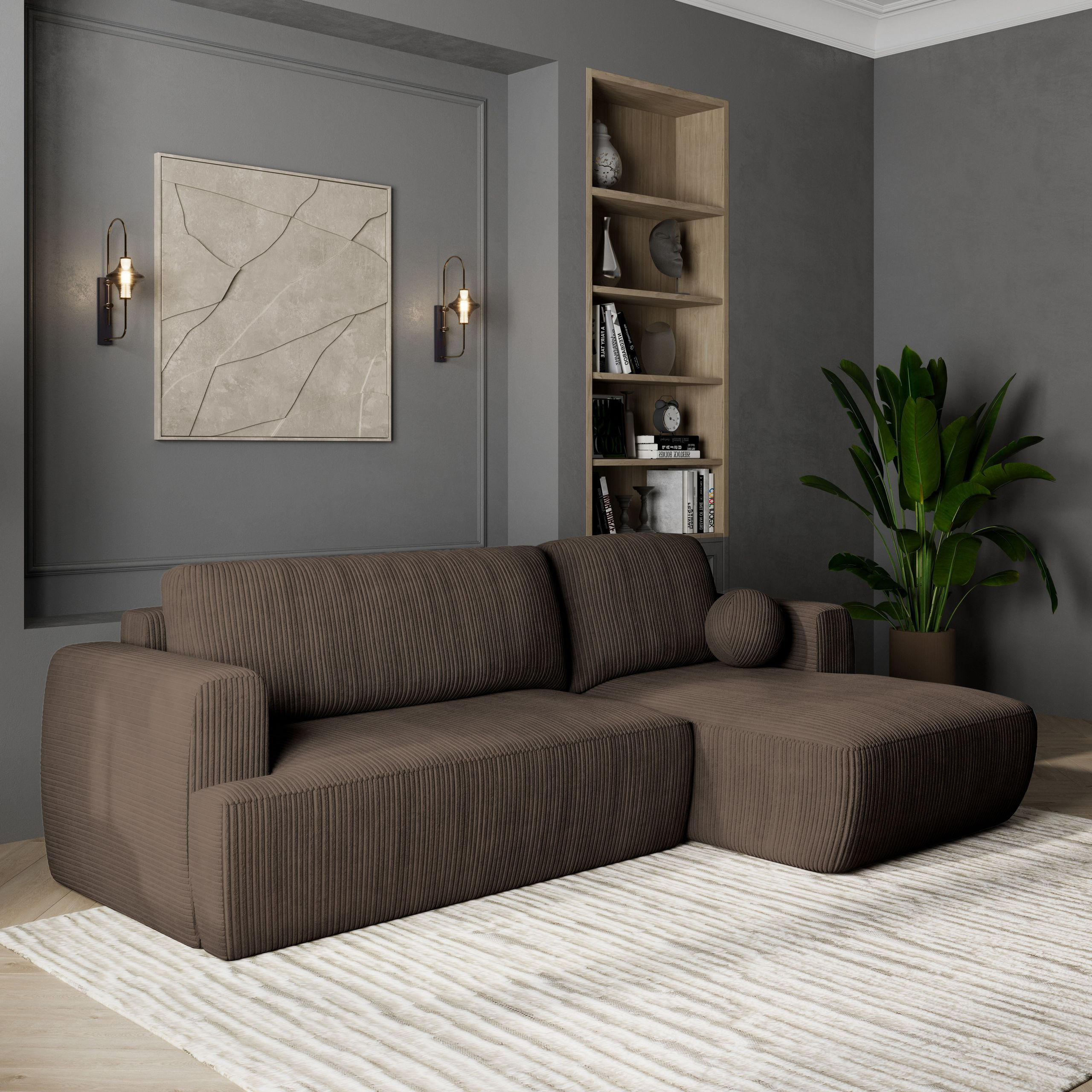 ECKSOFA SENTI P R-S Braun Kordstoff mit Schlaffunktion - Braun, Holz (246/148cm) - MASSENO