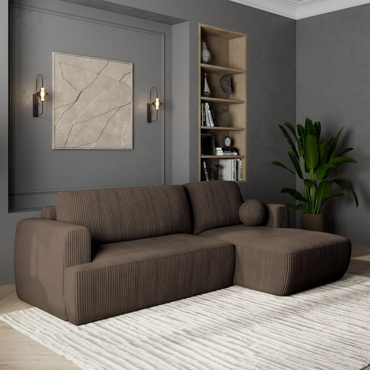 ECKSOFA SENTI P R-S Braun Kordstoff mit Schlaffunktion - Braun, Holz (246/148cm) - MASSENO