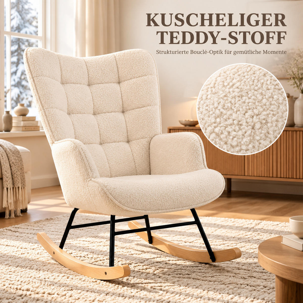 SCHAUKELSTUHL Teddy, gepolstert, cremeweiß - Beige, Holz (68/92/75cm) - Joyfair