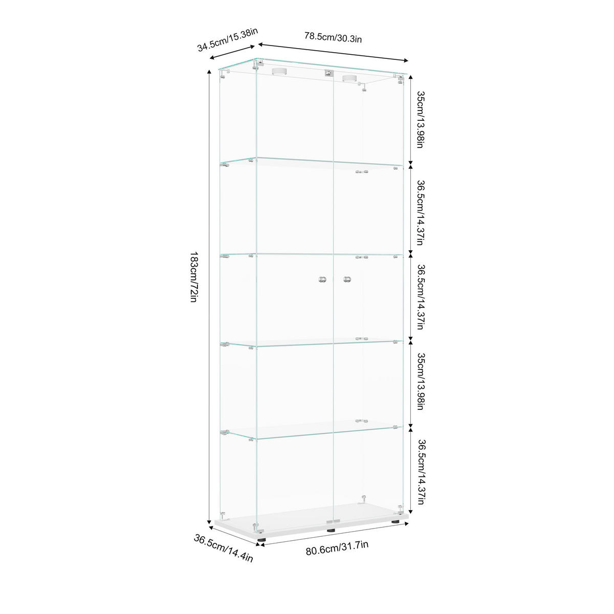 GLASVITRINE mit 5 Glasböden, Touch-LED, zweitürig mit Schloss, Weiß - Weiß, Glas (36.5/183/80.6cm) - BRILVERDE