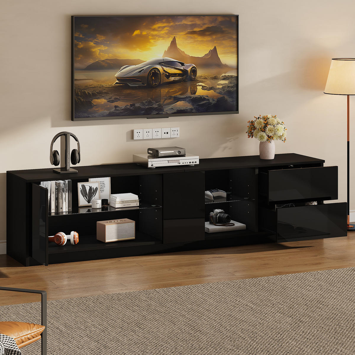 TV-LOWBOARD 160x40x52 cm Hochglanz Schwarz LED für 65" TV - Schwarz, Holzwerkstoff (40/52/160cm) - FLIEKS