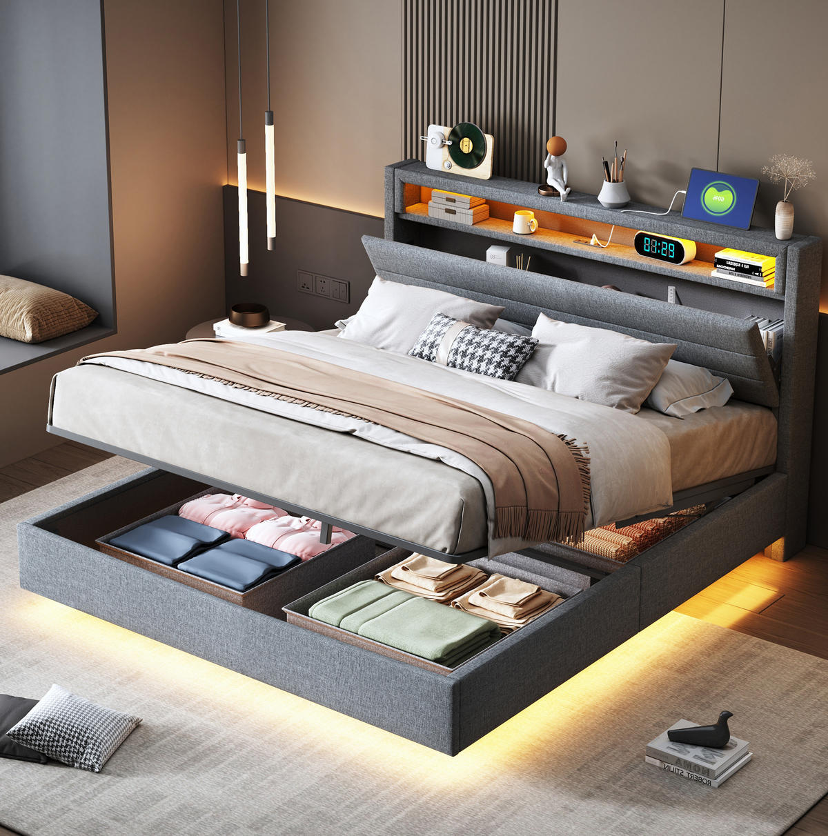 ČALÚNENÁ posteľ z látky 140x200 cm sivá s USB, LED osvetlením a hydraulickým úložným priestorom - sivá, textil (140/200cm) - Modfu