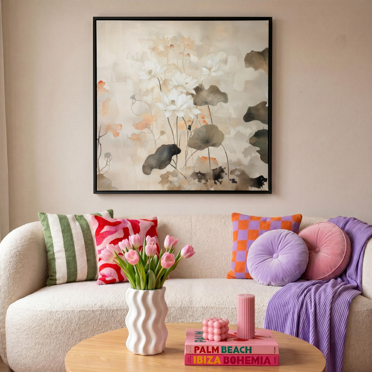 LEINWAND Bilder mit Rahmen - Blumen - Japandi - Wabi sabi - 90x90 - Sandfarben, Textil (90/90cm) - MuchoWow