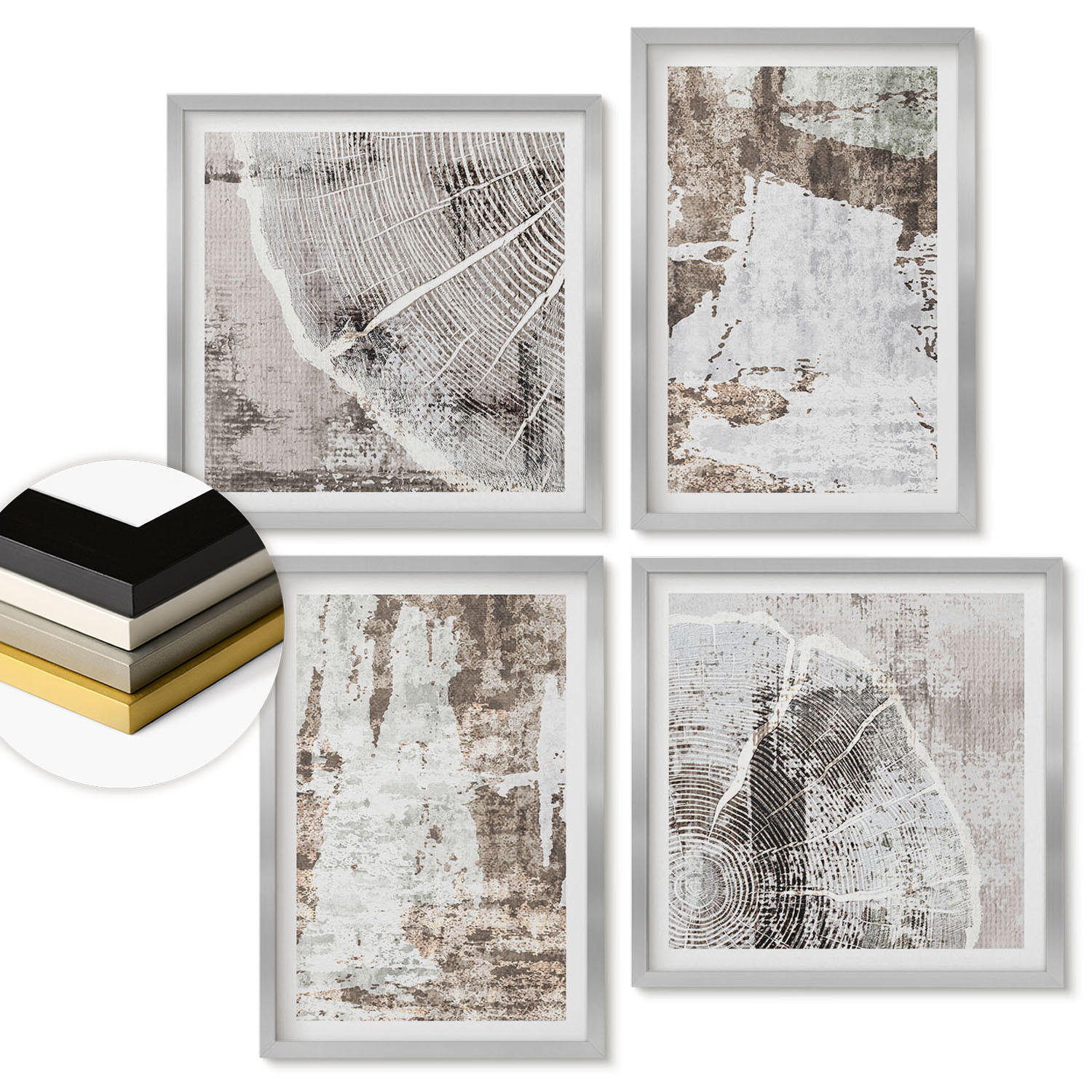 WANDBILDER 4er Set - 50x50 cm & 40x60 cm Silberner Rahmen - Abstrakte Muster, weiß, braun - Silberfarben, Kunststoff (50/50cm) - ArtPrintCave