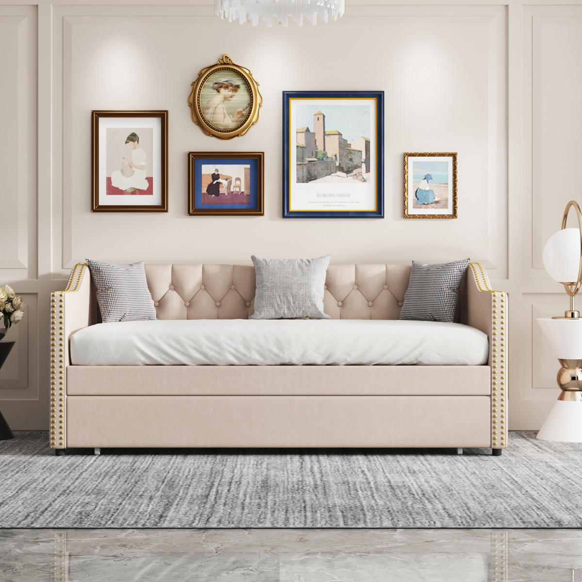 POLSTERBETT 90x200 cm ausziehbar Leinen Kinder grau - Beige, Holz (90/200cm) - Fortuna Lai