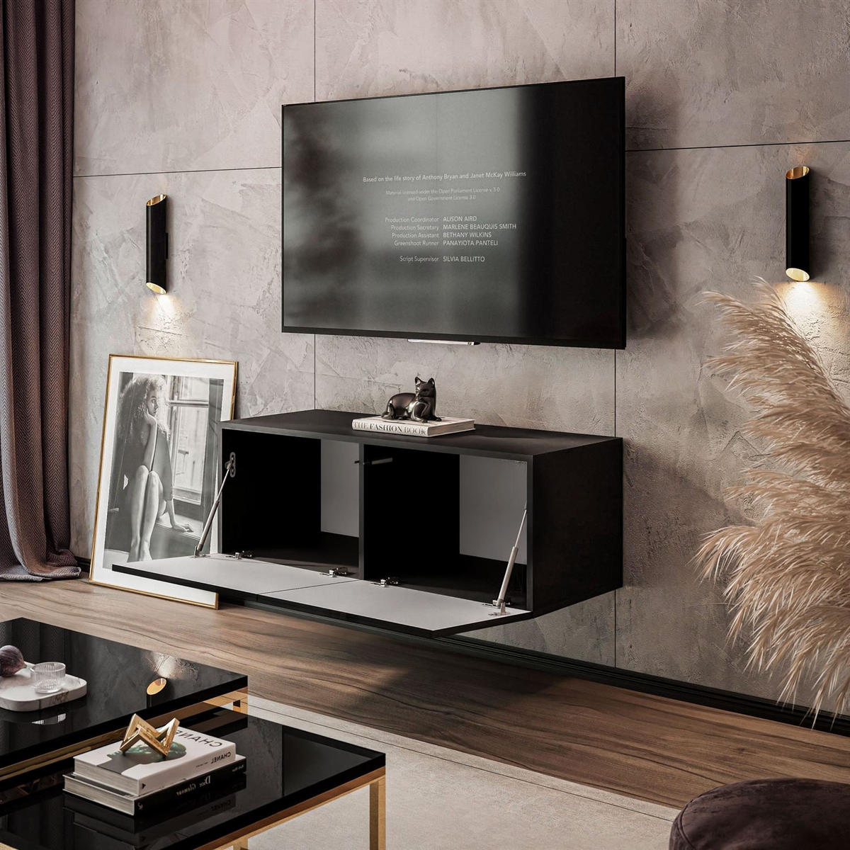 HÄNGESCHRANK TV-Möbel COLGANTE 100 cm mit LED Beleuchtung - Schwarz Hochglanz, Holzwerkstoff (100/36/40cm) - Lookway