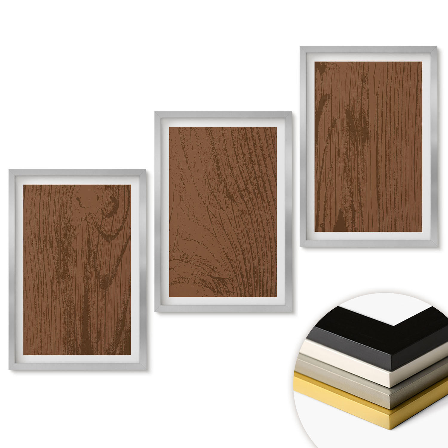 WANDBILDER 3er Set - 40x60 cm Silberner Rahmen - Holzstruktur, Rinde, Minimalismus - Silberfarben, Kunststoff (40/60cm) - ArtPrintCave