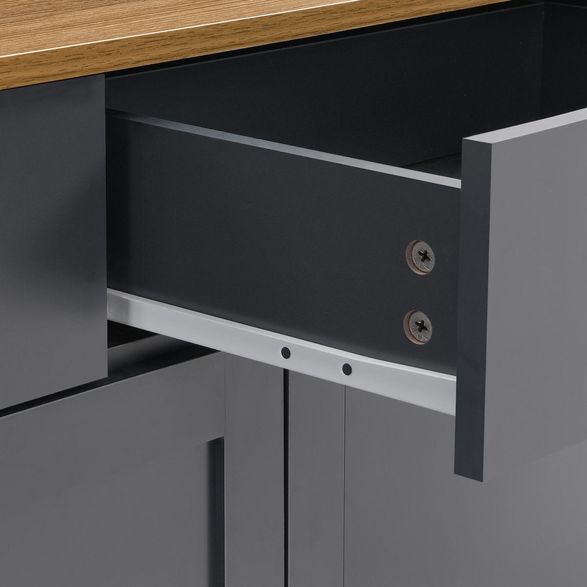 IN Grau Kommode mit Holzmaserung, 4 Türen und 3 Schubladen für Wohnzimmer und Esszimmer, B160/T37/H75cm - Schwarz/Grau, Holzwerkstoff/Metall (160/75/37cm) - STILVORA