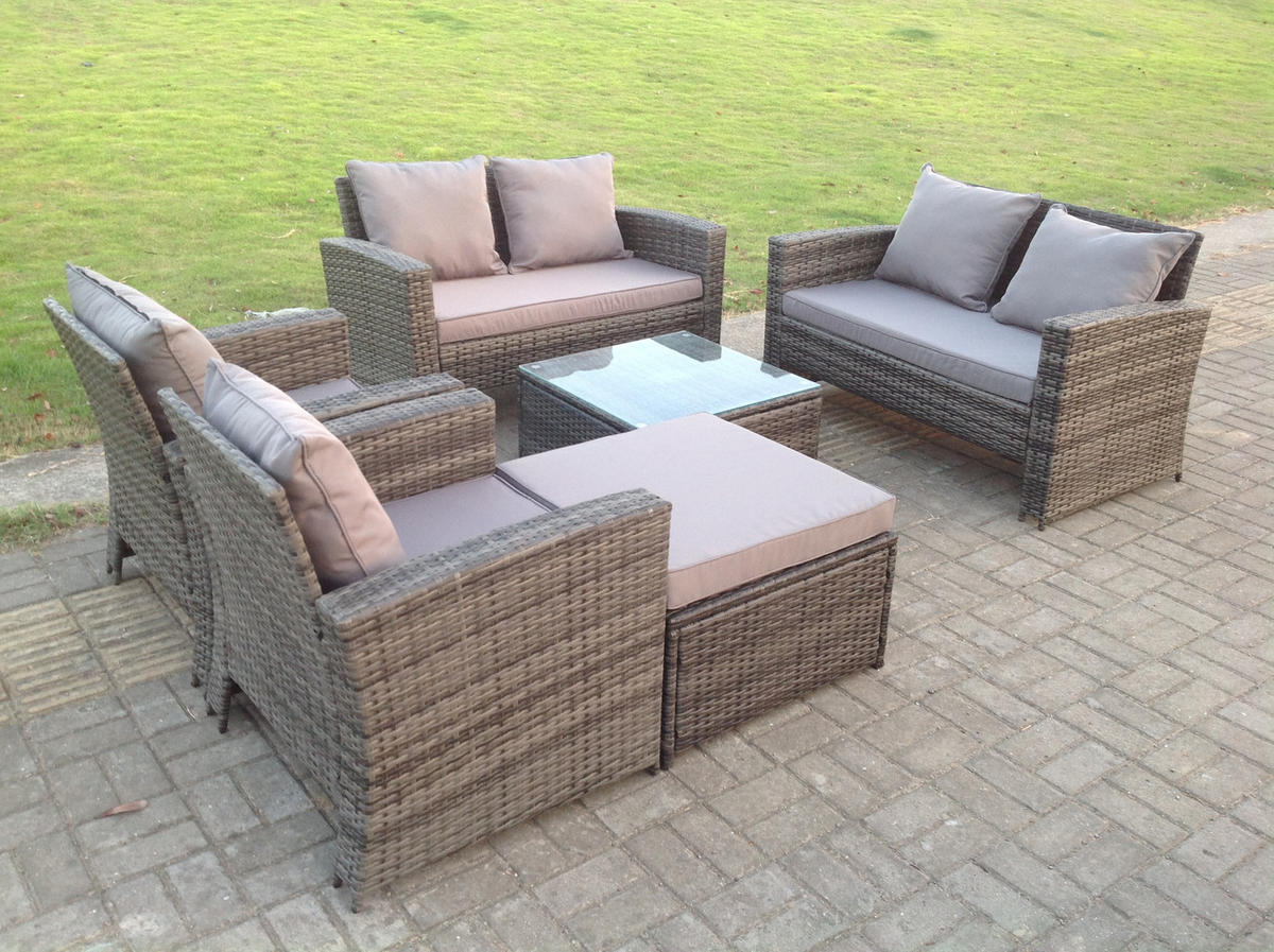 GARTENGARNITUR Polyrattan 7-Sitzer - Dunkelgrau, Metall - Fimous