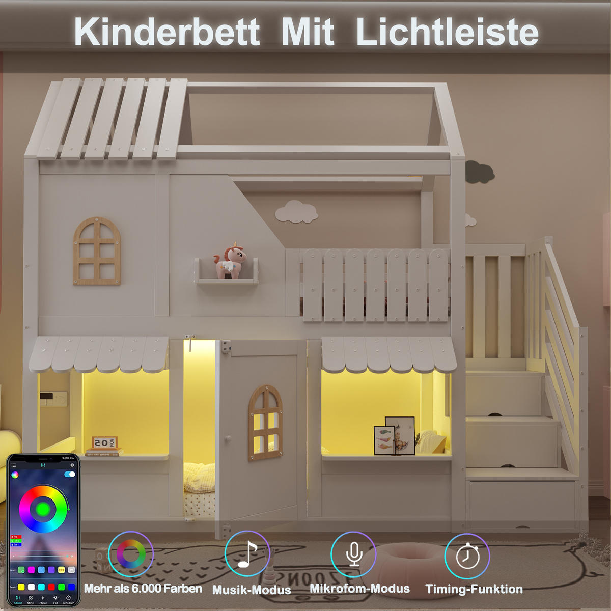 KINDER-ETAGENBETT 90 x 200 cm mit Dach, Leiter und LED, Weiß - Weiß, Holz (90/200cm) - FLIEKS